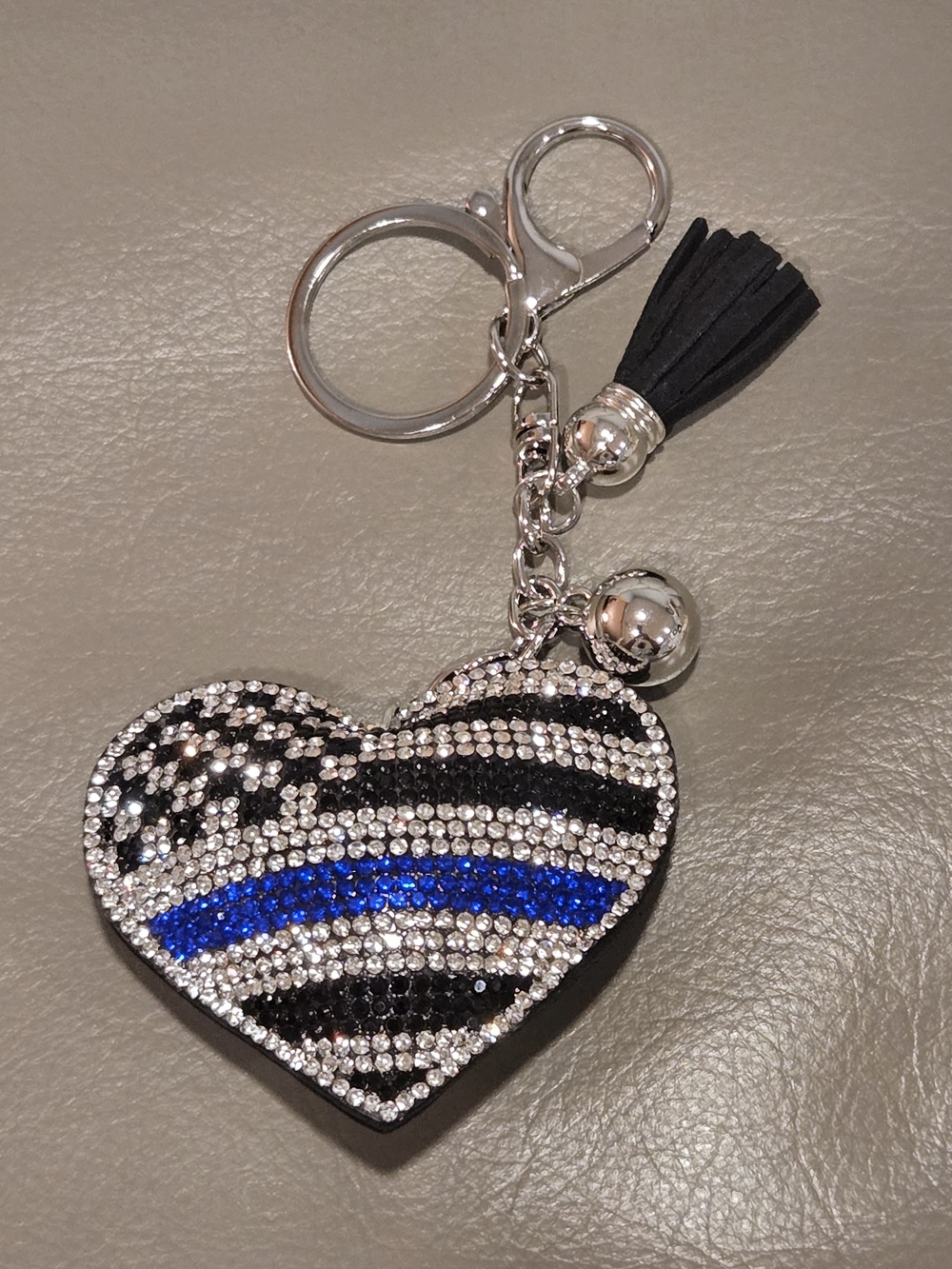 Crystal Zebra Heart Keychain with Blue Accent - Brand